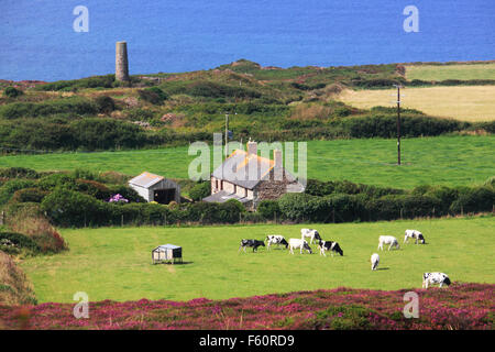 Ansicht der kornischen Nordküste in St. Agnes von St Agnes Beacon, in Richtung einer zerstörten Zinnmine Schornstein in der Nähe von Wheal Coates. Stockfoto