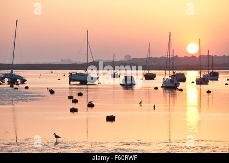 Bei Sonnenuntergang Blick vom Strandhütten am Mudeford von Christchurch Harbour in der Nähe von Poole, Dorset, England, Europa. Die Hütten sind sehr teuer Eigenschaften, die selten auf den Markt kommen. Im März 2012 als Foto, Hütte Nummer 246 auf Verkauf für £145.000 war. Das Anwesen wurde von Immobilienbüro Denisons vermarktet und war teurer als ein Nachbargrundstück, die für £126.000 verkauft, wie Hütte 246 verfügt über ein Zwischengeschoss Schlafbereich. Foto Stockfoto