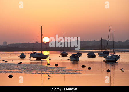 Bei Sonnenuntergang Blick vom Strandhütten am Mudeford von Christchurch Harbour in der Nähe von Poole, Dorset, England, Europa. Die Hütten sind sehr teuer Eigenschaften, die selten auf den Markt kommen. Im März 2012 als Foto, Hütte Nummer 246 auf Verkauf für £145.000 war. Das Anwesen wurde von Immobilienbüro Denisons vermarktet und war teurer als ein Nachbargrundstück, die für £126.000 verkauft, wie Hütte 246 verfügt über ein Zwischengeschoss Schlafbereich. Foto Stockfoto