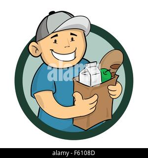 Lebensmittel Lieferung Kurier mit einer Papiertüte mit Lebensmitteln. Stock Vektor