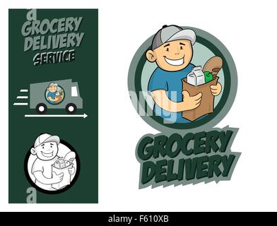 Lebensmittel Lieferung Kurier mit einer Papiertüte mit Lebensmitteln. Stock Vektor