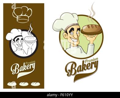 Logo-Design-Element. Premium-Bäckerei. Glücklich Bäcker Brot präsentieren. Stock Vektor