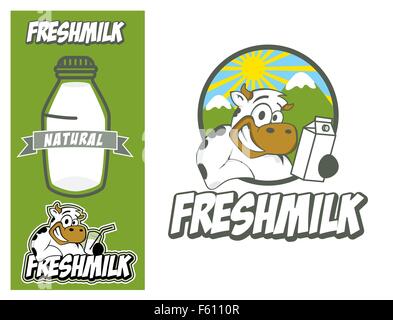 Logo-Design-Element. Frische Milch Konzept. Lachende Kuh hält Glas Milch. Stock Vektor