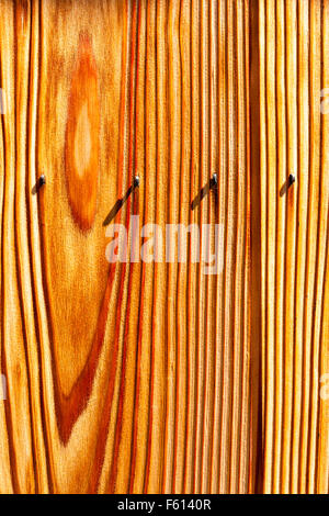 Japan, Kyoto, Gion. Textur. Detail der traditionellen hölzernen Zaun mit Nägeln ragt über die holzbretter in hellem Sonnenlicht. Stockfoto
