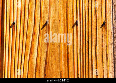 Japan, Kyoto, Gion. Textur. Detail der traditionellen hölzernen Zaun mit Nägeln ragt über die holzbretter in hellem Sonnenlicht. Stockfoto