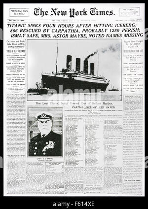1912 Vorderseitenachrichten der The New York Times berichtet, der Untergang der Titanic nach der Kollision mit Eisberg Stockfoto
