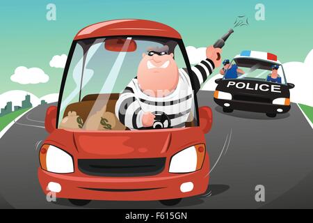 Eine Vektor-Illustration der Polizei jagt Verbrecher in einem Auto auf der Autobahn Stock Vektor