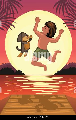 Eine Vektor-Illustration eines jungen und seinem Hund springen vom dock Stock Vektor