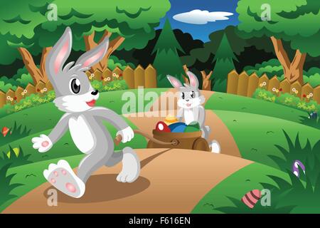 Eine Vektor-Illustration von Kaninchen ziehen einen Osterei-Karren Stock Vektor