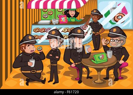 Eine Vektor-Illustration von Polizeibeamten im Ladengeschäft donuts Stock Vektor