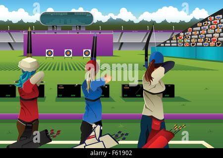 Eine Vektor-Illustration der Bogenschützen im Bogenschießen Spiel um Sport Competition Serie Stock Vektor