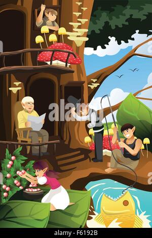 Eine Vektor-Illustration von Elf Leben im Baumhaus Stock Vektor
