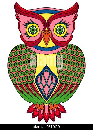 Bunte große schwere Eule, ornamentale Vektor-Illustration mit ethnischen Motiven isoliert auf weißem Hintergrund Stock Vektor