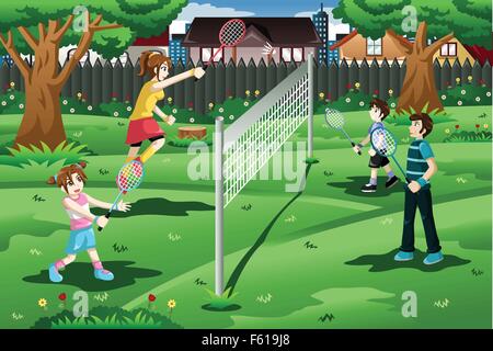 Eine Vektor-Illustration der Familie Badminton spielen, im Hinterhof Stock Vektor