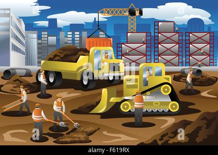 Eine Vektor-Illustration der Arbeitnehmer in einer Baustelle Stock Vektor
