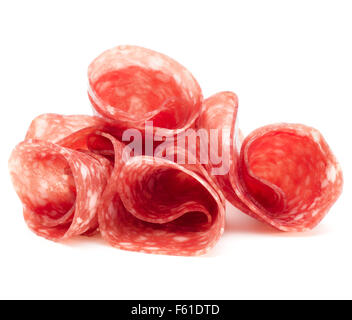 Salami-Wurstscheiben isoliert auf weißem Hintergrund Ausschnitt Stockfoto