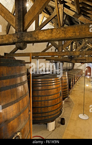 Der Keller im Quinta Bonfim, eines der besten Weingüter in Pinhao Stadt, Douro-Tal, Porto e Norte, Portugal. Stockfoto