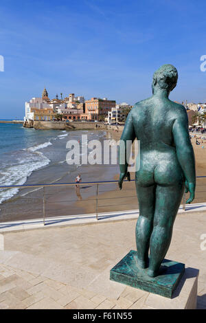 Statue von Lluisa Granero, St. Sebastian Strand, Sitges, Katalonien, Spanien, Europa Stockfoto