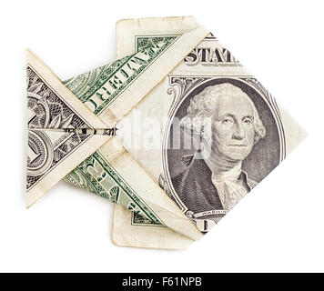 Dollar Origami Fisch isoliert auf weißem Hintergrund. Moneygami. Zu fangen. Stockfoto