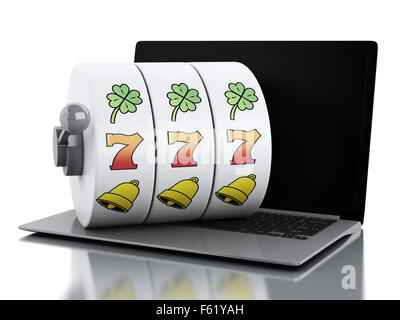 3D Render-Illustration. Laptop mit Spielautomaten. Casino-Online-Spiele-Konzept. Isolierten weißen Hintergrund Stockfoto