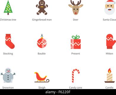 Weihnachten und Neujahr farbige Icons auf weißem Hintergrund. Stock Vektor