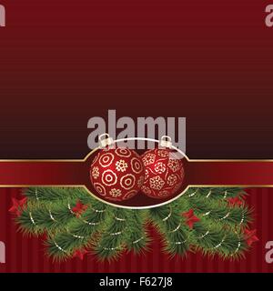 Weihnachtsgrußkarte mit goldenen Ornament Kugeln, grün Zweig dekoriert Sterne Kiefer, Vektor-Illustration Urlaub Stock Vektor