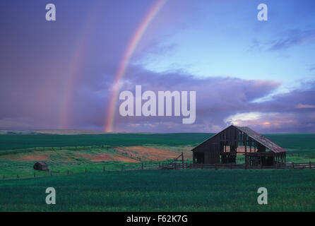 Sherman County, Oregon Regenbogen über verlassene Scheune Stockfoto