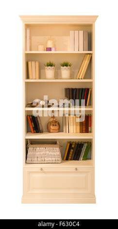 Holzschrank für Bücher, isoliert auf weiss Stockfoto