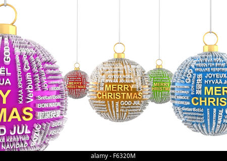 Weihnachtskugeln mit Grüßen in verschiedenen Sprachen Stockfoto