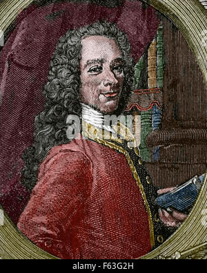 Voltaire (1694-1778). Französischer Schriftsteller, Historiker und Philosoph Erleuchtung. Porträt. Stich von Etienne Fiquet (1719-1797). Farbige. Stockfoto