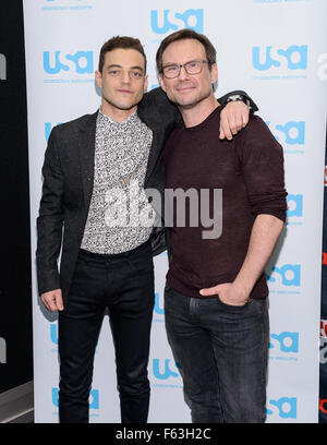 Herr Roboter und die Kolonie runden Tisch an der New York Comic Con Featuring: Rami Malek, wo Christian Slater: New York, New York, Vereinigte Staaten von Amerika bei: 10. Oktober 2015 Stockfoto