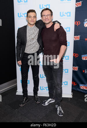 Herr Roboter und die Kolonie runden Tisch an der New York Comic Con Featuring: Rami Malek, wo Christian Slater: New York, New York, Vereinigte Staaten von Amerika bei: 10. Oktober 2015 Stockfoto