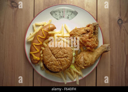 Platte vollgepackt mit Junk-Food mit Waagen Stockfoto