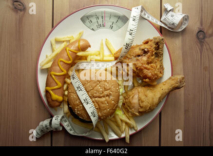 Platte vollgepackt mit Junk-Food mit Waagen Stockfoto