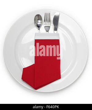 Weihnachtsessen, Tabelle, gefaltete Serviette Weihnachtsmann Stiefel Stockfoto