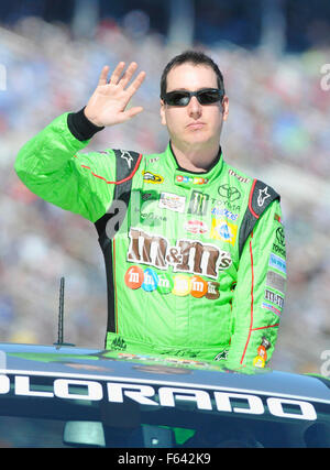 8. November 2015: Kyle Busch von der M & M' Crispy Toyota winkt der Menschenmenge während Fahrer Einführungen vor Beginn des AAA Texas 500 auf dem Texas Motor Speedway in Fort Worth, Texas. Austin McAfee/CSM Stockfoto