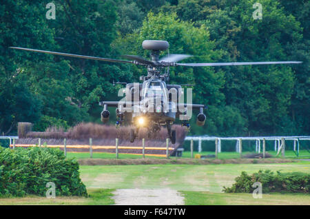 AgustaWestland Apache ist eine lizenzierte Version des AH-64D Apache Longbow Angriffshubschraubers für die britische Armee. Landung auf der Ascot-Rennbahn Stockfoto