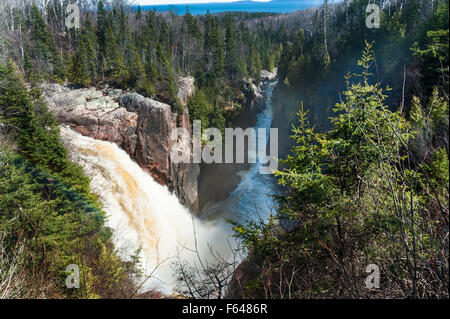 malerische Aussicht auf Wasserfälle und borealen Wald in Kenora, Ontario Stockfoto