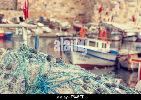 Fischernetze Closeup. Hintergrund von Fischernetzen und Schwimmer. Stockfoto