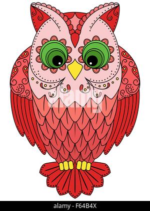 Bunte große rote Eule, ornamentale Vektor-Illustration mit ethnischen Motiven isoliert auf weißem Hintergrund Stock Vektor