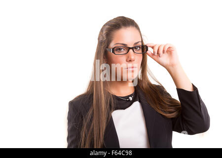 Schöne junge Frau mit Brille, über Kopie Raum Hintergrund isoliert Stockfoto