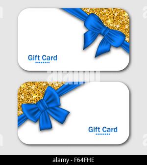 Geschenkkarten mit blauen Bogen Band und goldene Oberfläche Stock Vektor