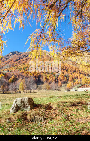 Isolierte Stein und eine herbstliche Panorama in den italienischen Alpen hinter einem Zaun Stockfoto