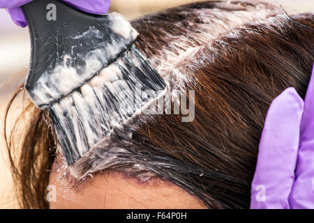 Friseur anwenden einen Farbton auf den braunen Haaren eines weiblichen Kunden in einem Salon mit einem Pinsel-Applikator, Nahaufnahme Stockfoto