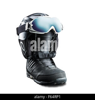 Snowboard Schuh mit Helm und Brille isoliert auf weißem Hintergrund Stockfoto