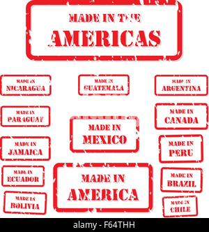 Satz von roten Stempel Made In Symbole für Nord-, Mittel- und Südamerika Stock Vektor