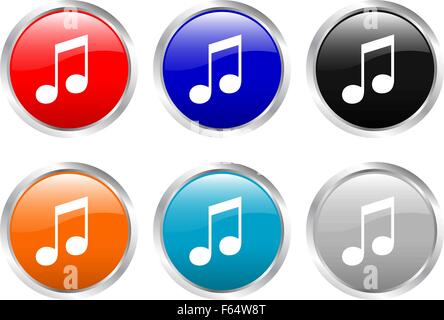 Glänzenden Knöpfen mit Musik Symbol auf weißem Grund. Vektor-Illustration. Stock Vektor