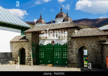 Türme und Eingang des orthodoxen Klosters Suzana, Rumänien Stockfoto