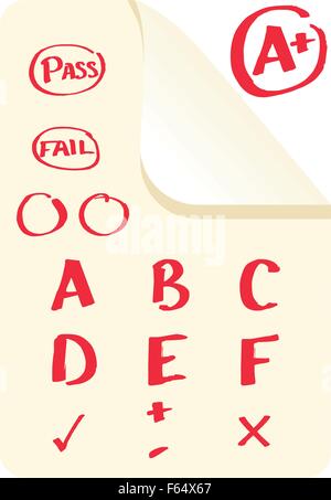 Schulnoten und Prüfung Markierungen in A + B + formatieren sowie Pass und Scheitern in Vektor Stock Vektor