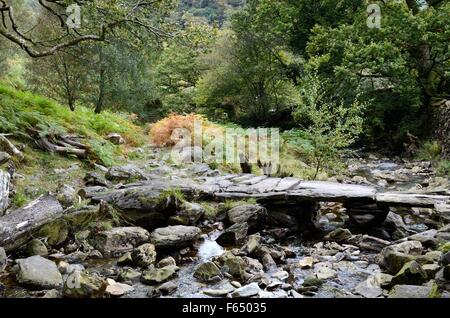 Alte steinerne Fußgängerbrücke auf dem Weg zum Dinas Emrys prähistorischen Hügel Fort Beddgelert Snowdonia Nationalpark Wales Cymru UK GB Stockfoto